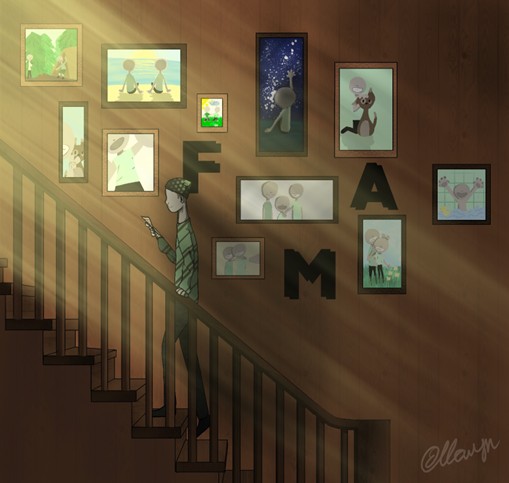 Illustrated scene of a person walking down a wooden staircase while looking at their phone. Sunbeams filter through the space, illuminating a wall covered with framed drawings of simple, stylized characters in various joyful family moments—at the beach, under the stars, playing with pets, and spending time together. Large black letters on the wall spell out “FAM.” The overall mood is warm and nostalgic.