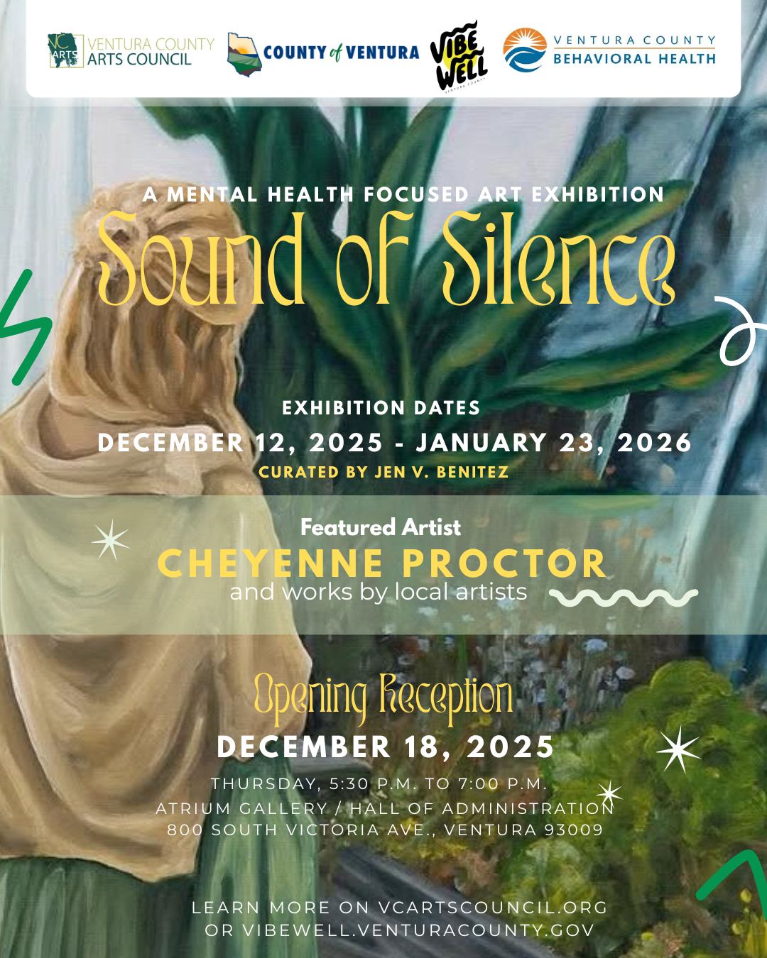 A flyer with event info for the Sound of Silence show, featuring the a painting of the back of person looking at plants