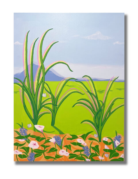  vibrant flat-style painting showing tall, arching green grass stalks rising from an orange-toned ground cover dense with pink morning glory flowers, blue hyacinth-like blooms, and small white butterflies. A luminous green field stretches into the middle distance, backed by soft blue mountains and a pale sky with wispy clouds. Delicate pink rainbow-like arcs trace through the grass blades, adding a dreamlike quality to the naturalistic scene. by Vanessa Morrow